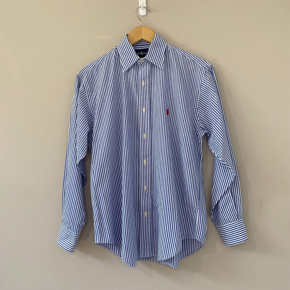 Ralph Lauren Women Blue White Striped Cotton Button Down Shirt Size 6 Red Pony